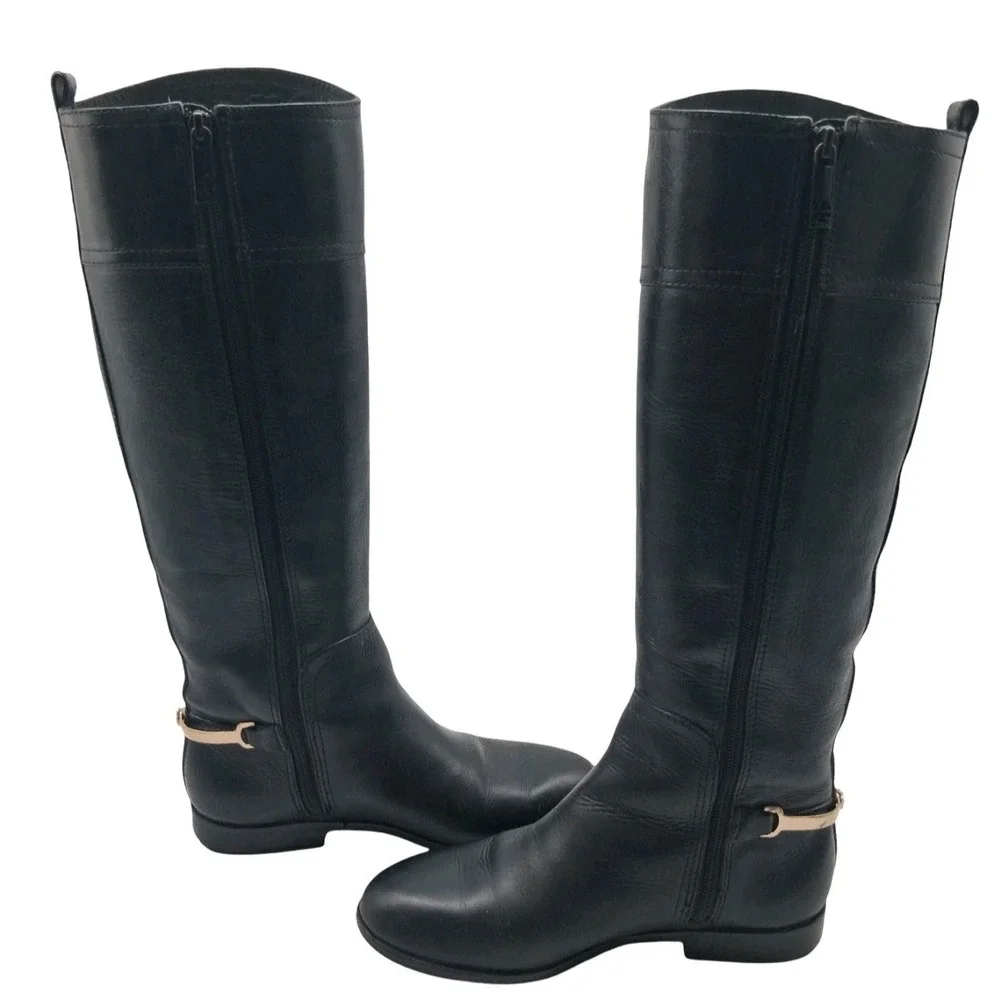 Tory Burch Boots Womens Size 7 Black Leather Knee High Riding Zip Logo